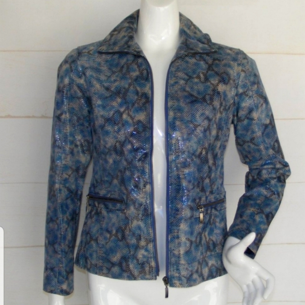 CHICOS Leather Jacket, .5/S, Blue, animal print, Zip, Pockets